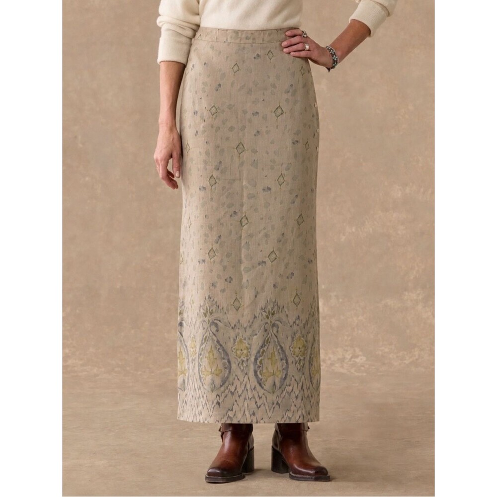 Sundance Beige and Yellow Silk & Linen Maxi Skirt Sz 10 Aztec Print Boho Chic